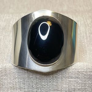 TAXCO Silver Statement Wide Cuff and Black Obsidian Bracelet | Size 7 | 2” Wide